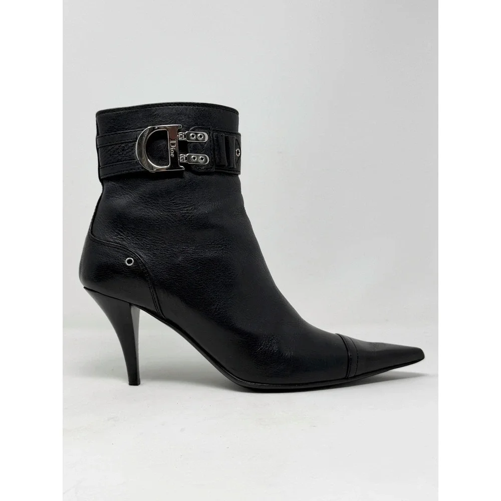 Dior Galliano Vintage Y2K Black Leather D Logo Pointed Toe Ankle Boots 36.5